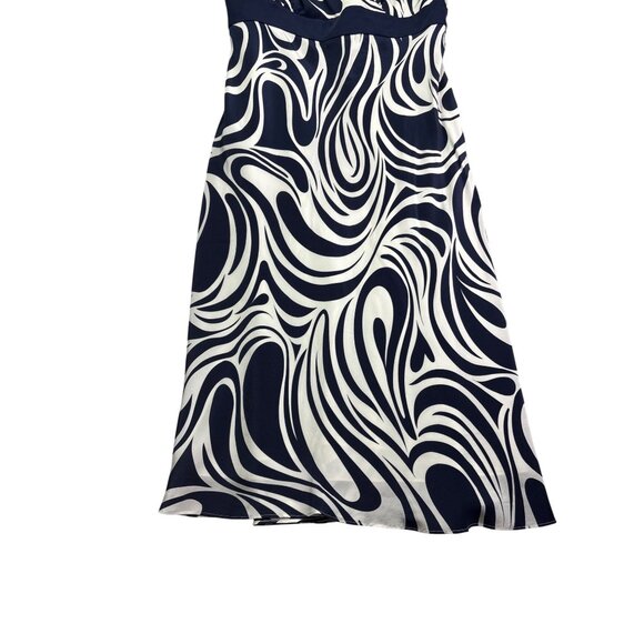 Ann Taylor Silk Midi Dress Fit Flare 4 Navy Blue White Swirl Pattern Sleeveless - Picture 3 of 11